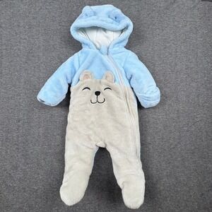 Wonder Nation Baby Bear Hooded Pram Suit 0-3M‎ Blue Gray Fleece Bunting Babycore